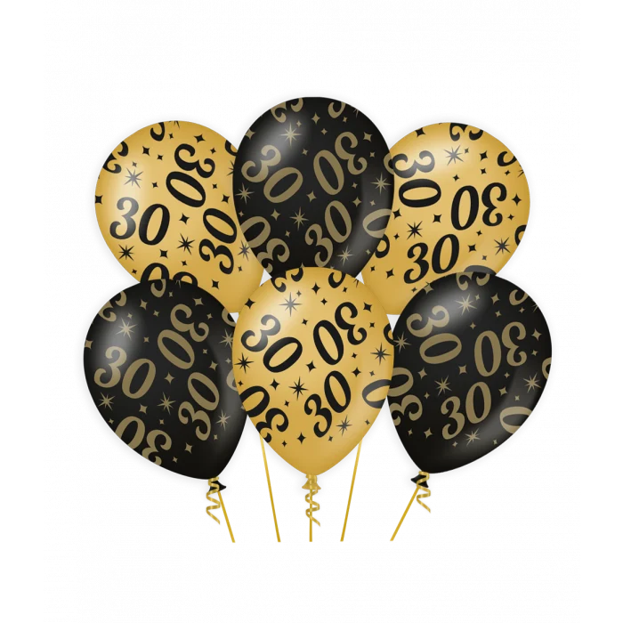Classy Ballonnen 30 Jaar Zwart/Goud (6st)