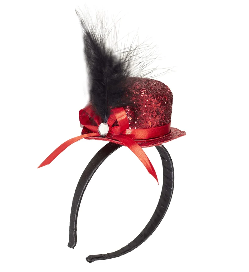 Haarband glitter hoedje met veer rood
