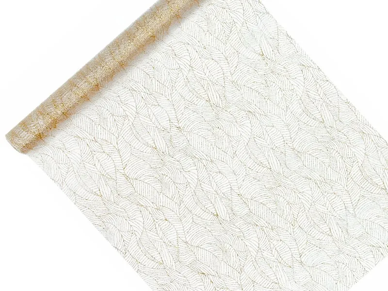 Witte Organza op Rol Gouden Bladeren (9m x 0.48m)