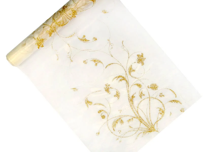 Vanille Creme Organza op Rol Gouden Bloemen (9m x 0.36m)