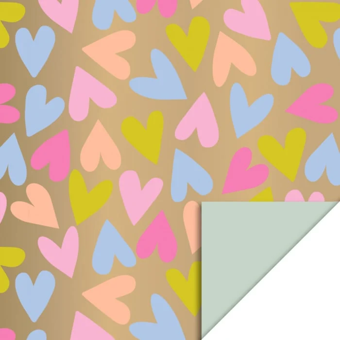 Cadeaupapier Dubbelzijdig Big Hearts Goud/Pistache
