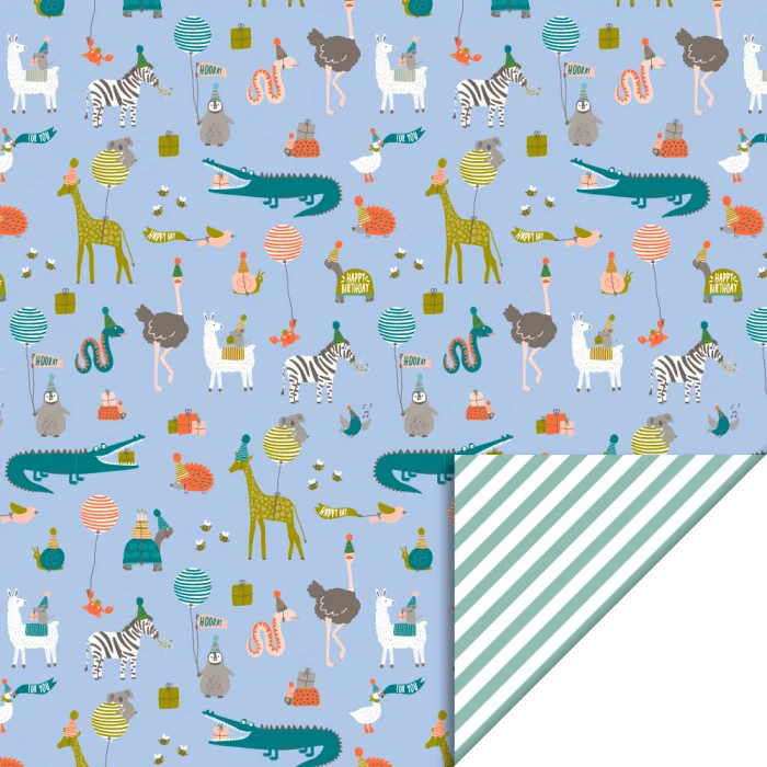 Cadeaupapier Feestende Dieren Print Sky Blue Stripe / Misty Green