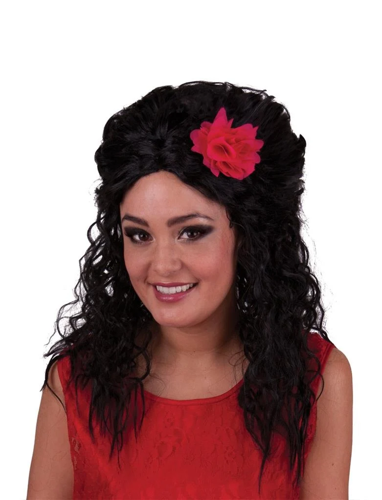 Pruik Amy Wine zwart met roos