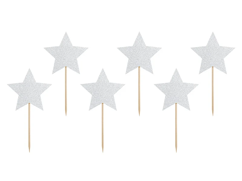 Cupcake toppers Zilveren Sterren Glitter (6st)
