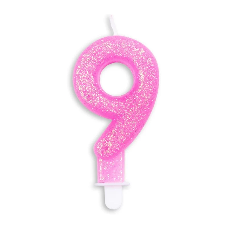 Cijfer kaars glitter roze nr. 9