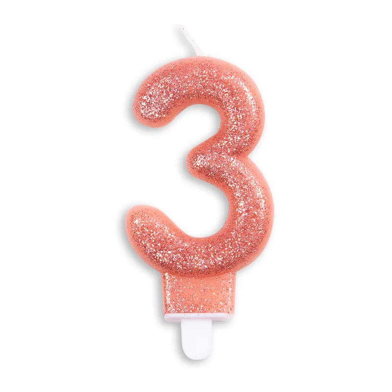 Cijfer kaars glitter rosé goud nr. 3