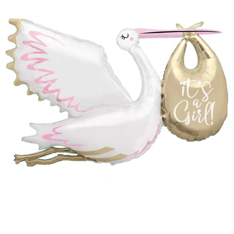 Folieballon Ooievaar 'It's a Girl' Jumbo (157cm)