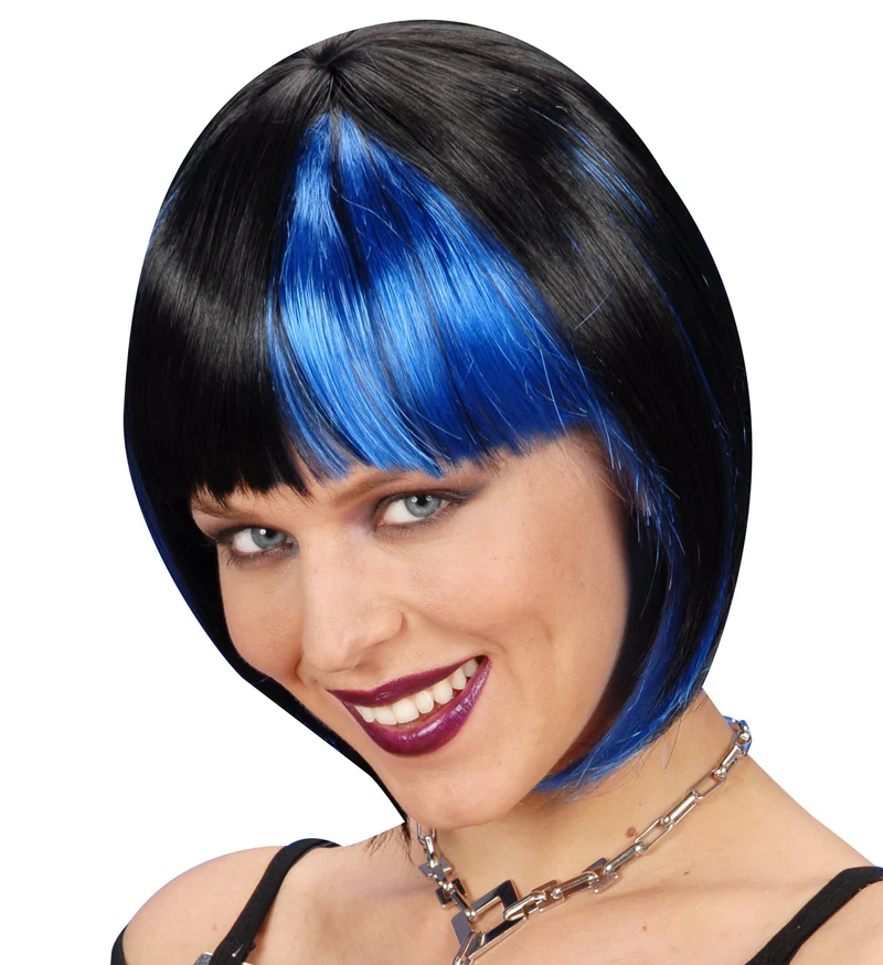 Boblijn pruik zwart met blauwe highlights