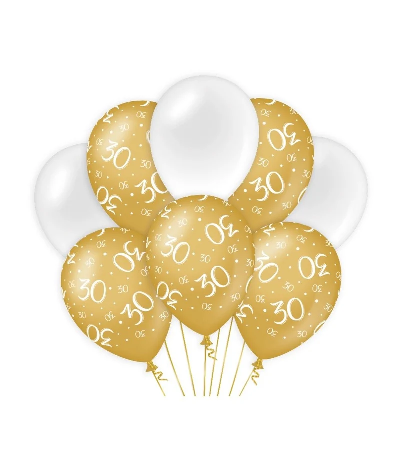 Ballonnen 30 Jaar Goud/Wit (8st)