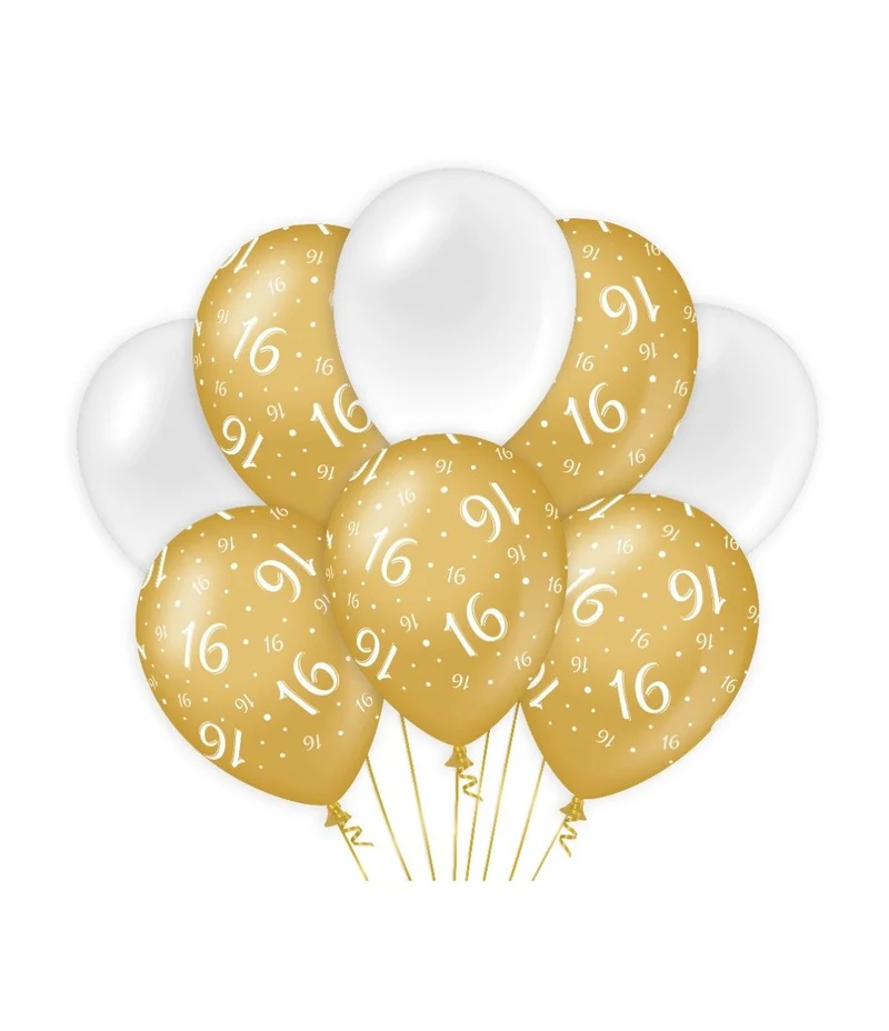 Ballonnen 16 Jaar Goud/Wit (8st)