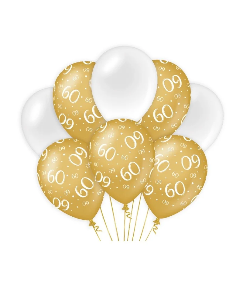 Ballonnen 60 Jaar Goud/Wit (8st)