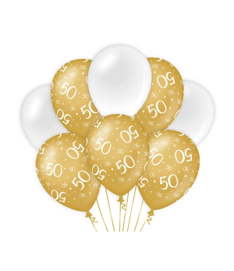Ballonnen 50 Jaar Goud/Wit (8st)