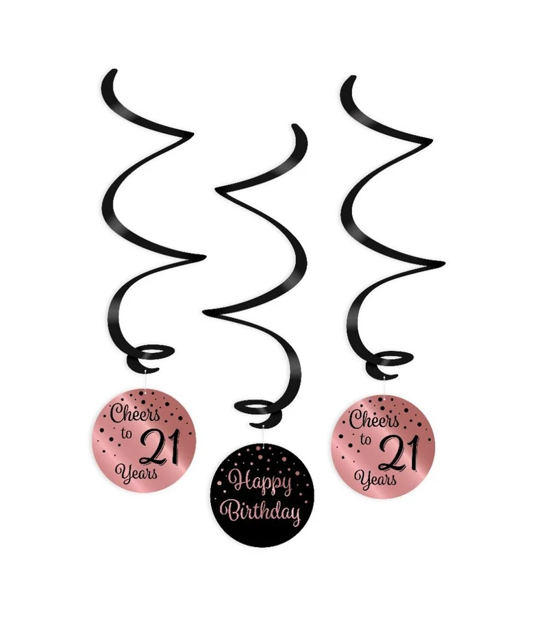 Hangdecoratie Swirls 21 Jaar Roségoud/Zwart (3st)
