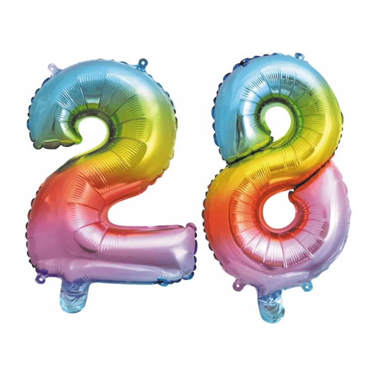 Folieballon 28 jaar Regenboog 86cm