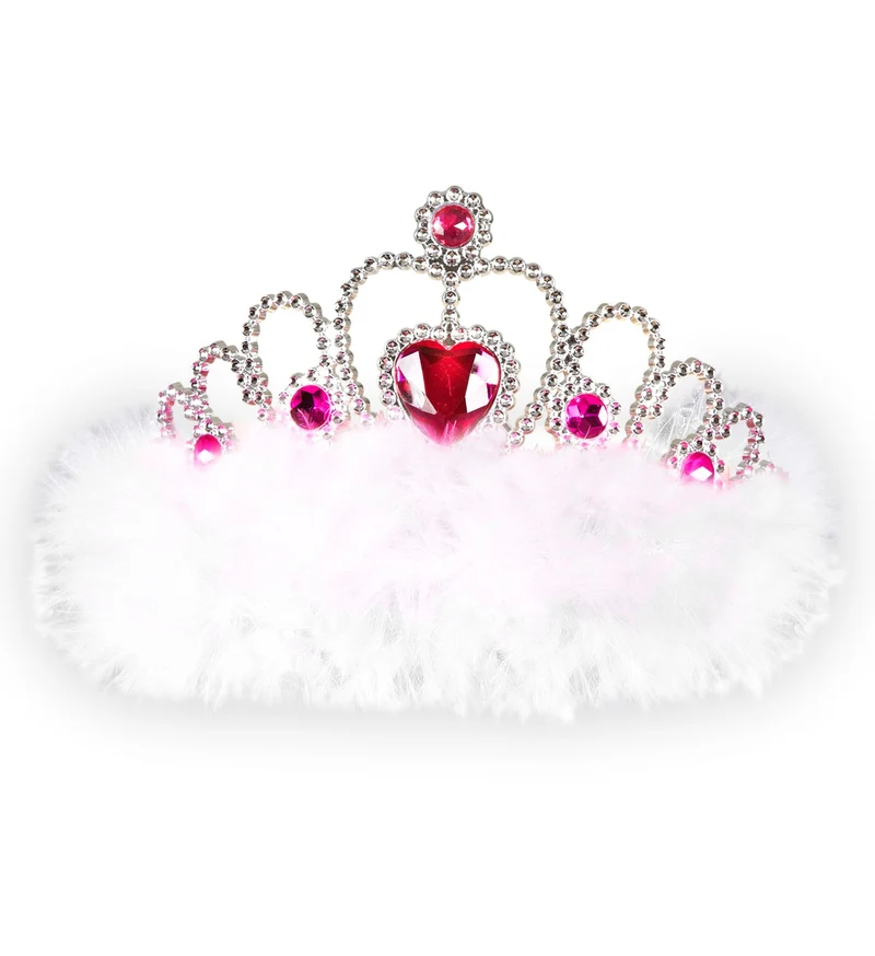 Tiara prinses met roze hartjes en witte marabou