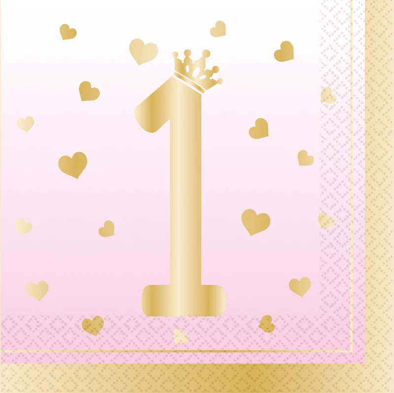 Roze Servetten Verjaardag 1 Jaar Hartjes (16st)