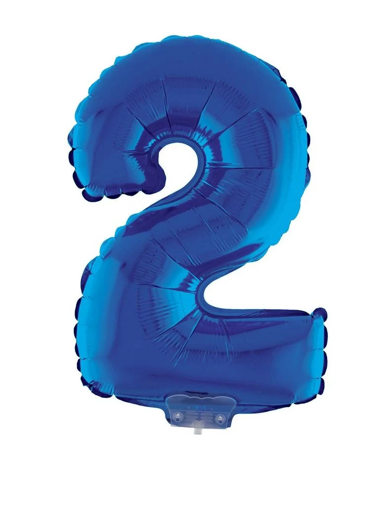 Folieballon Klein Cijfer '2' Blauw Met Stokje (41cm)