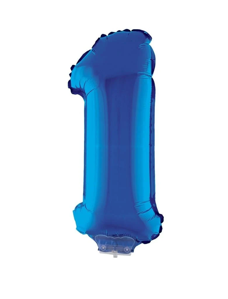 Folieballon Klein Cijfer '1' Blauw Met Stokje (41cm)