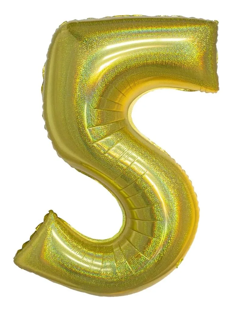 Folieballon Holografisch Goud Cijfer '5' - 102cm