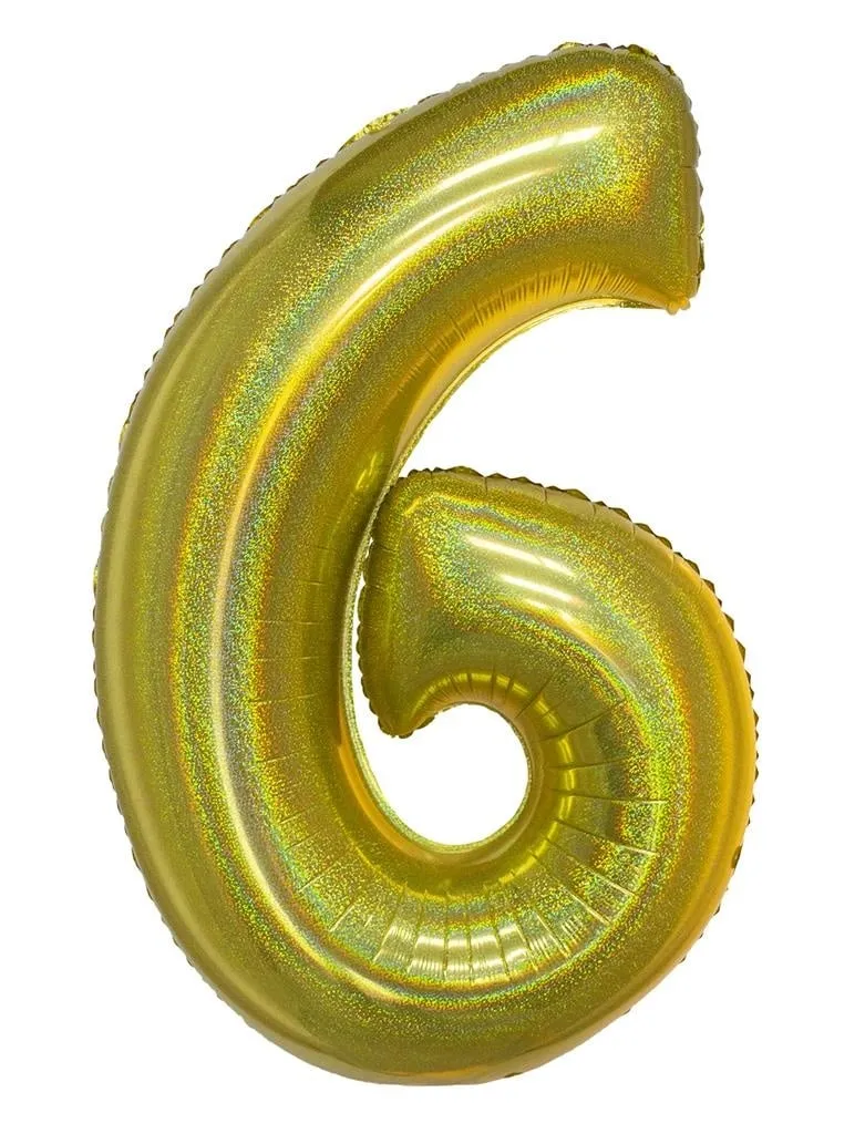 Folieballon Holografisch Goud Cijfer '6' - 102cm