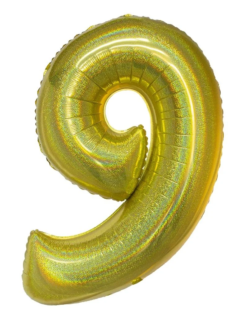 Folieballon Holografisch Goud Cijfer '9' - 102cm