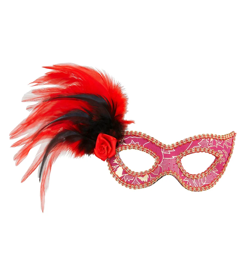 Oogmasker roze met veren zwart rood