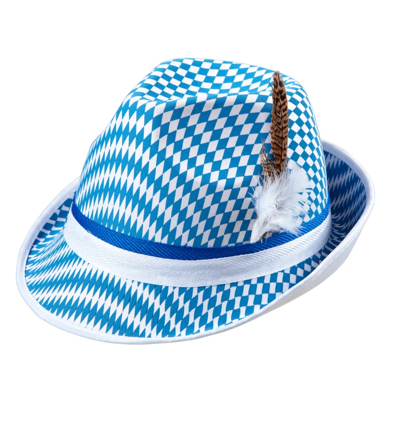 Oktoberfest gleufhoed met veer blauw wit