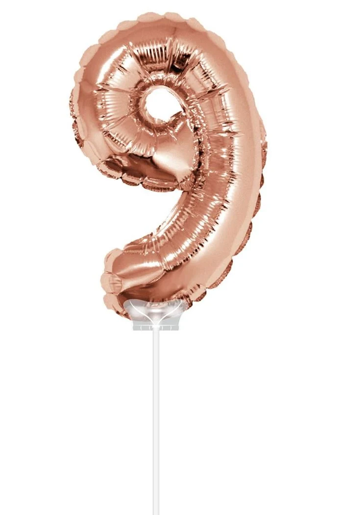 Folieballon Cijfer '9' Rose Goud 40cm met stokje