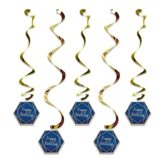 Hangdecoratie Swirls Happy Birthday Navy Blauw/Goud (5st)