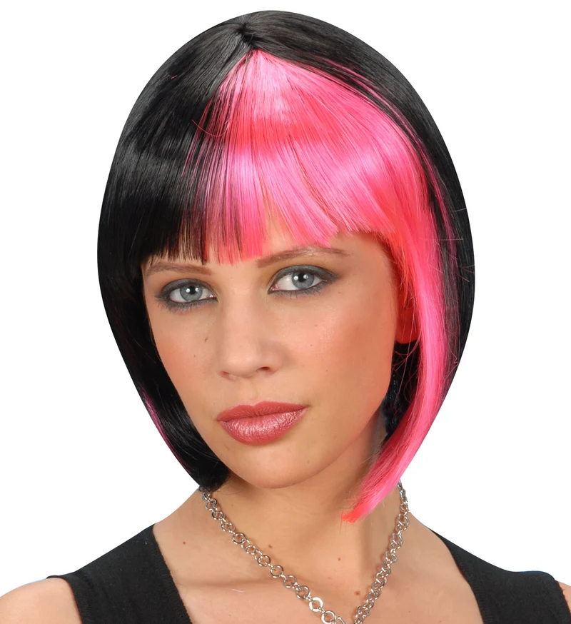 Bob pruik zwart met roze highlights