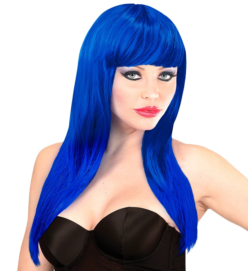 Lang haar pruik blauw