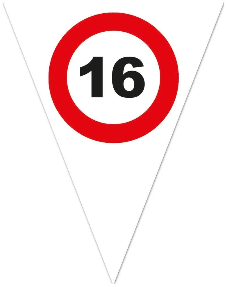 Vlaggenlijn 16e verjaardag met verkeersborden