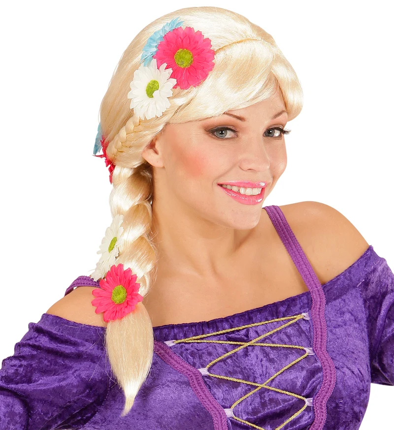 Blonde Rapunzel pruik met vlecht en bloemen