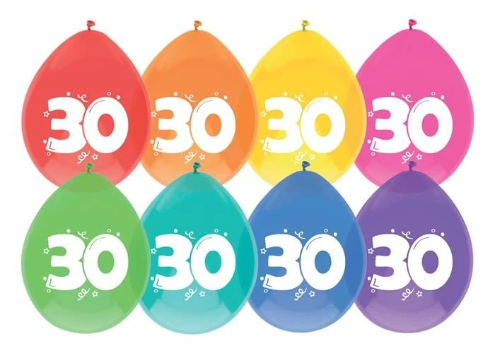 Ballonnen 30 jaar mix kleuren 8 stuks