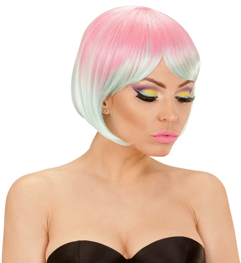 Roze-turquoise boblijn pruik