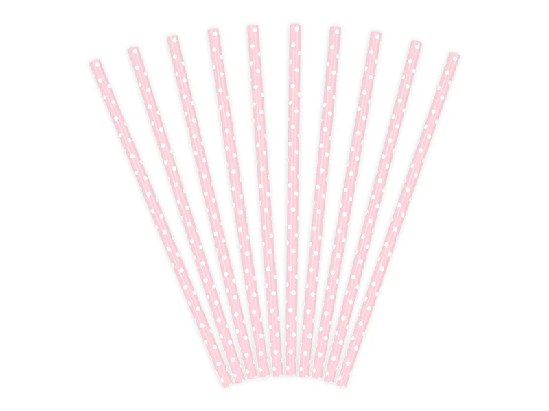 Papieren rietjes roze met witte stipjes 10 stuks