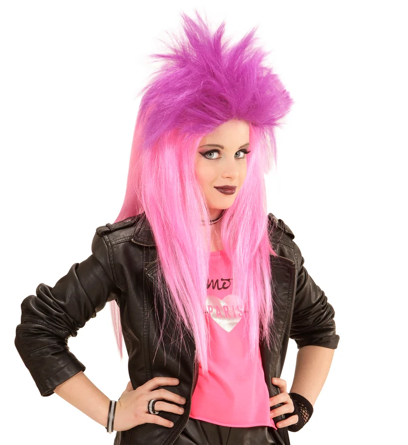 Pruik kind punk roze en paars