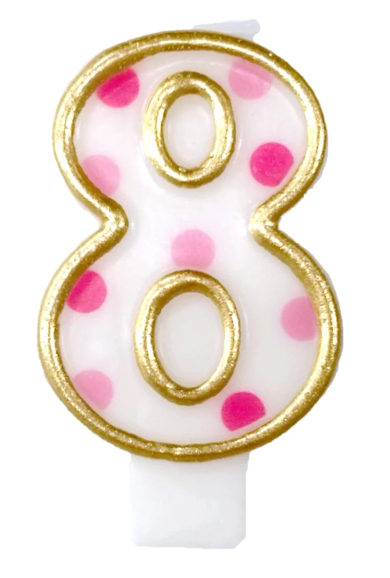 Cijferkaars '8' gespikkeld roze