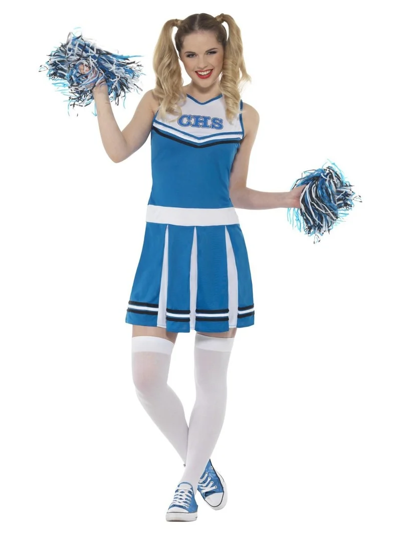 Cheerleader kostuum blauw met pompoms