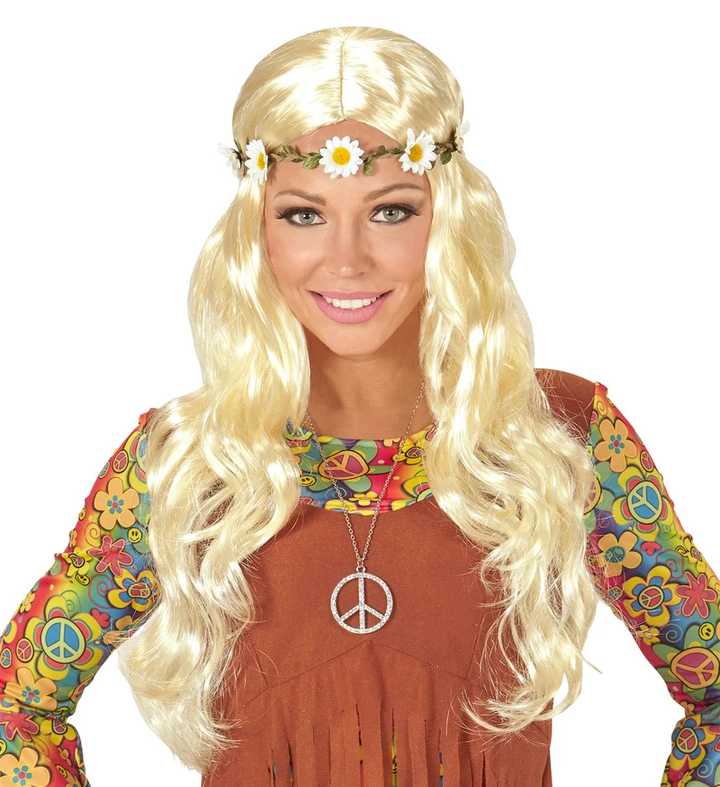 Blonde hippie pruik met margrietjes