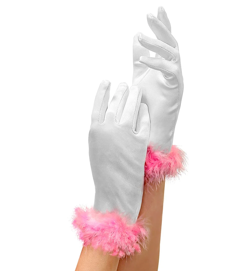 Handschoen wit met roze marabou