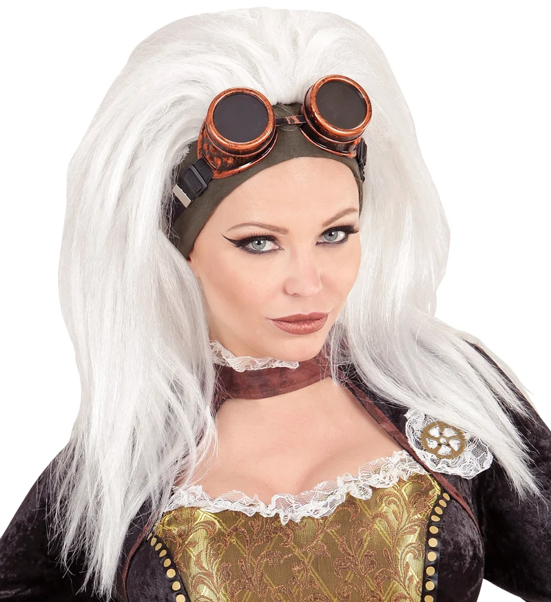 Steampunk pruik wit met stofbril