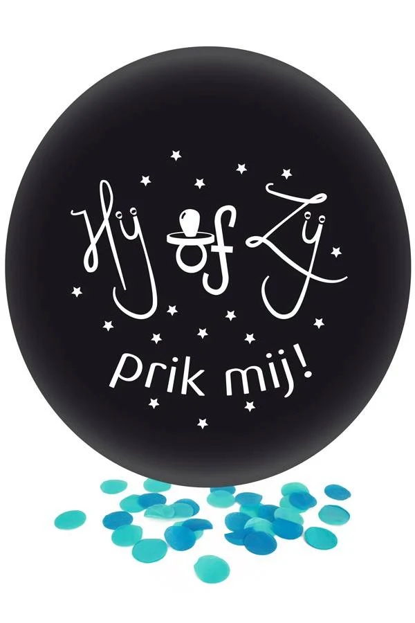 Grote Ballon Gender Reveal Hij of Zij Prik Mij met blauwe confetti