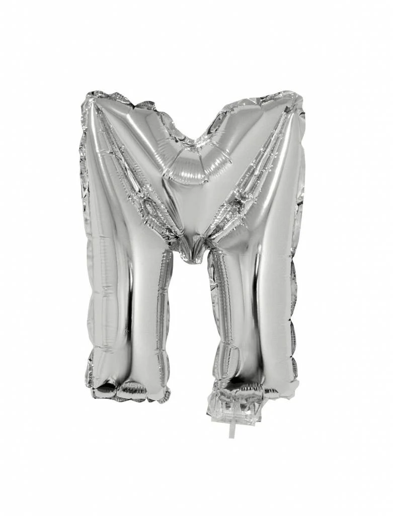 Folieballon zilver letter 'M' met rietje