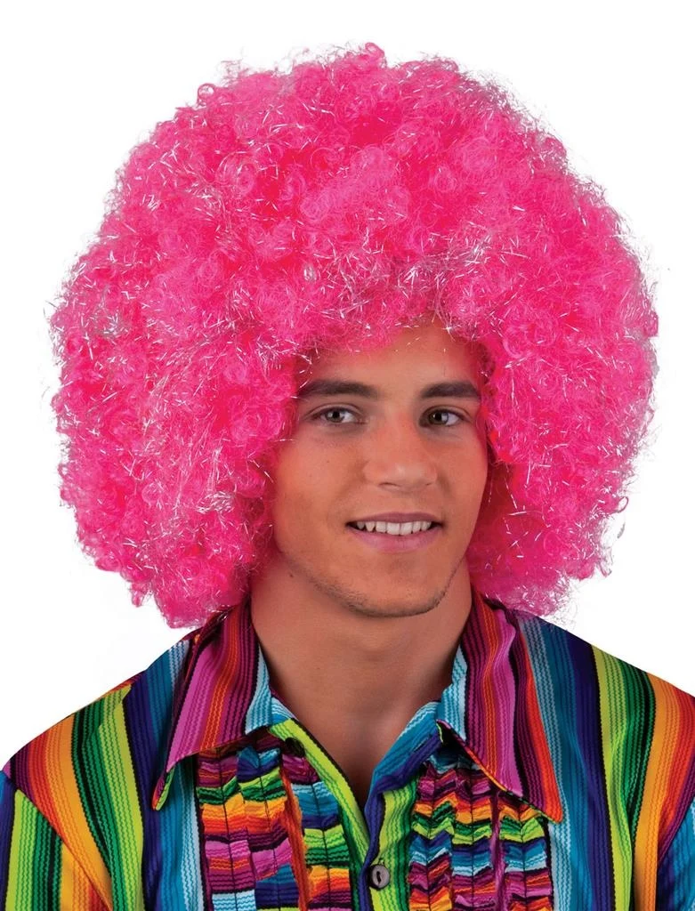 Roze / Zilveren afro pruik