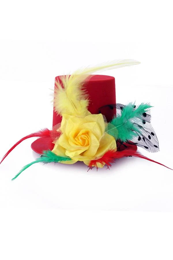 Mini hoedje rood/geel/groen met roos en veren