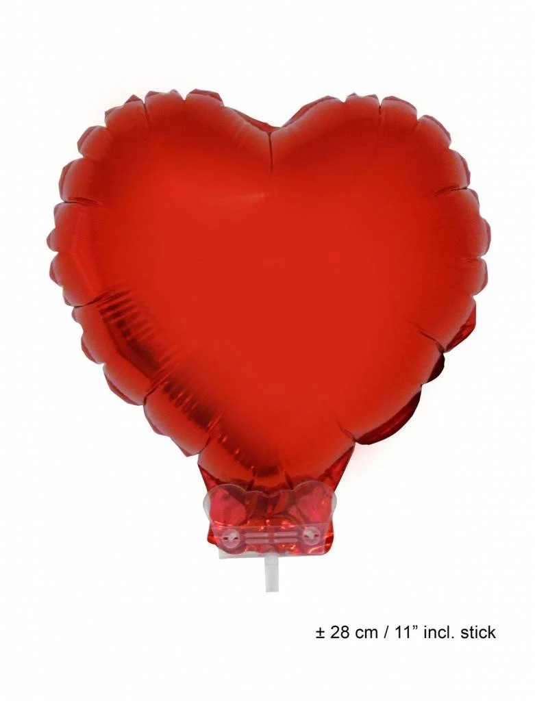 Folieballon Hart rood 28cm met stokje