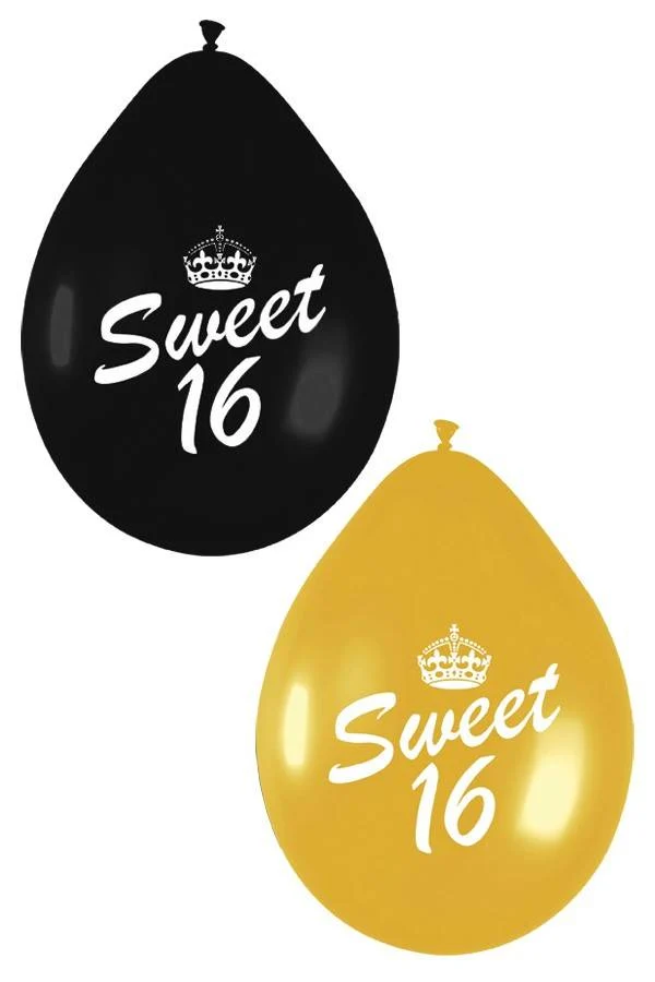 Ballonnen tekst Sweet Sixteen in zwart en goud