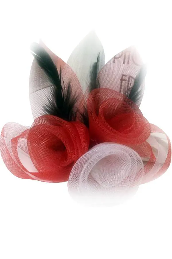 Broche tule 3 bloemen met veertjes rood-wit-rood