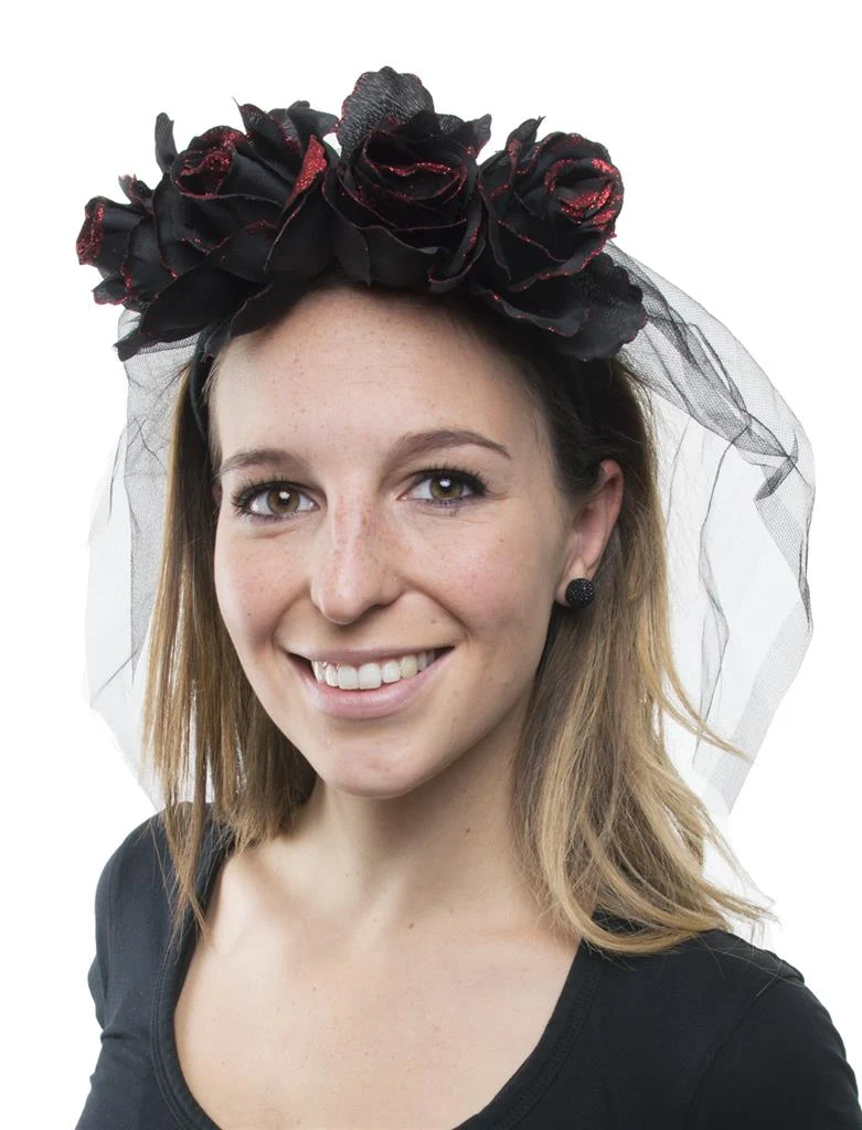 Doodsbruid hoofdband met zwarte rozen en sluier